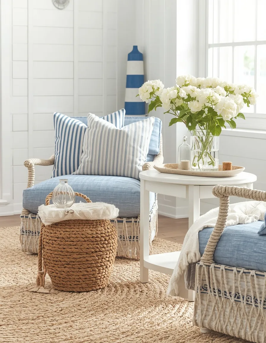 Coastal blue and white summer decor