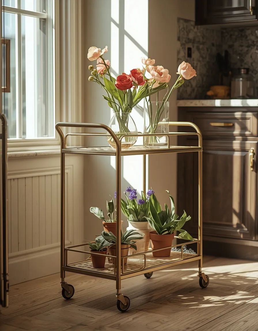 Rolling cart flower rack idea for kitchens