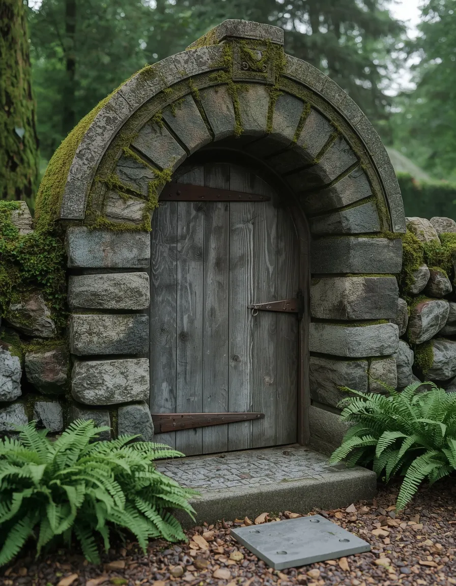 Stone moon gate archway in garden