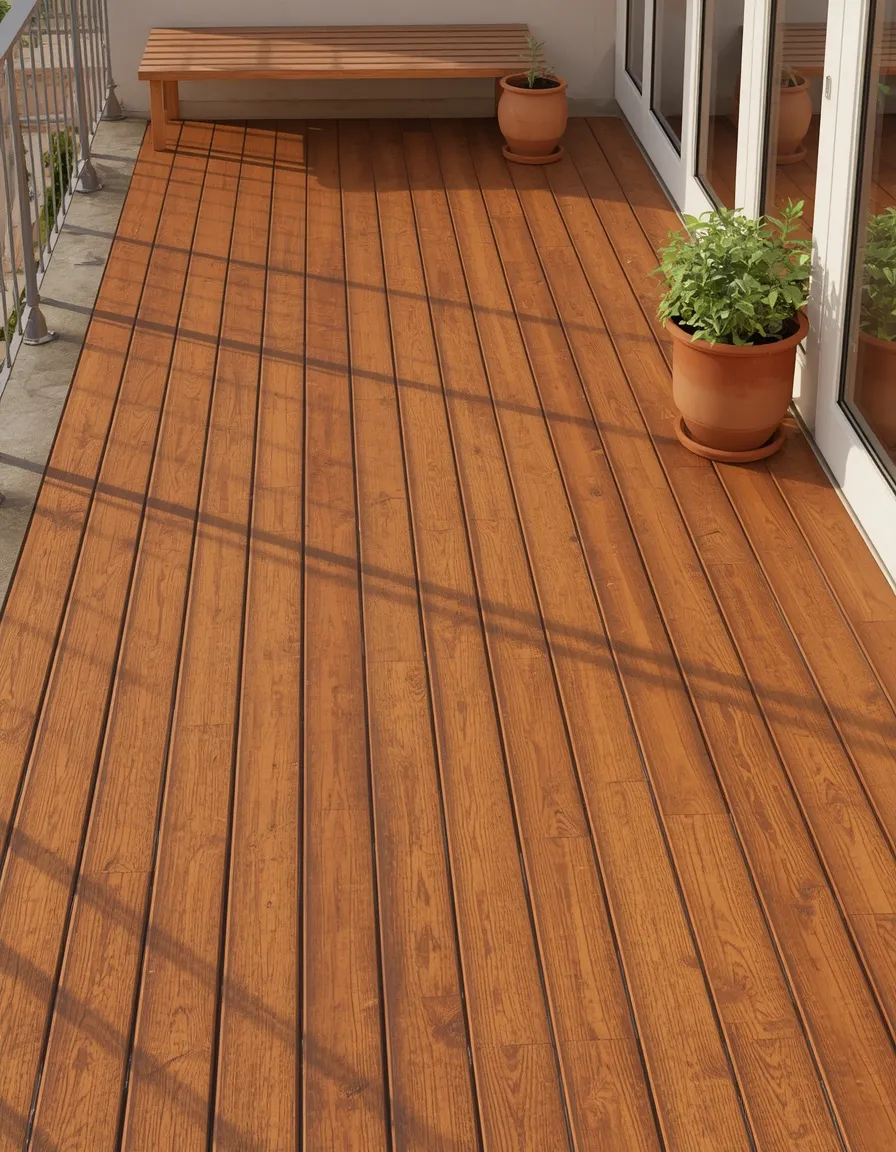 Warm wood deck tiles on a spring balcony floor