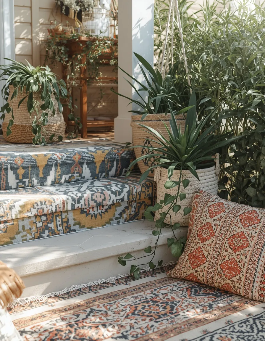 Boho layered textile summer front steps