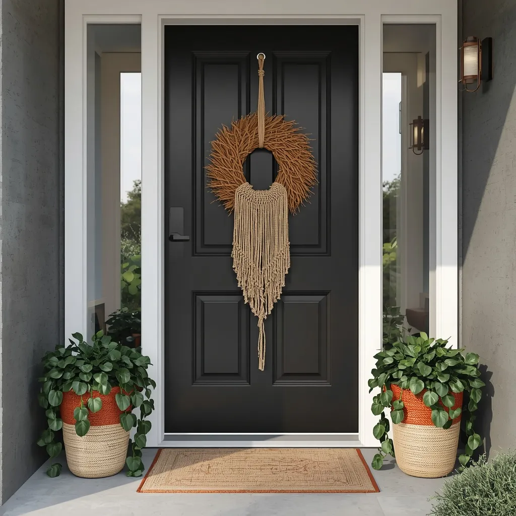 Boho woven macramé black front door