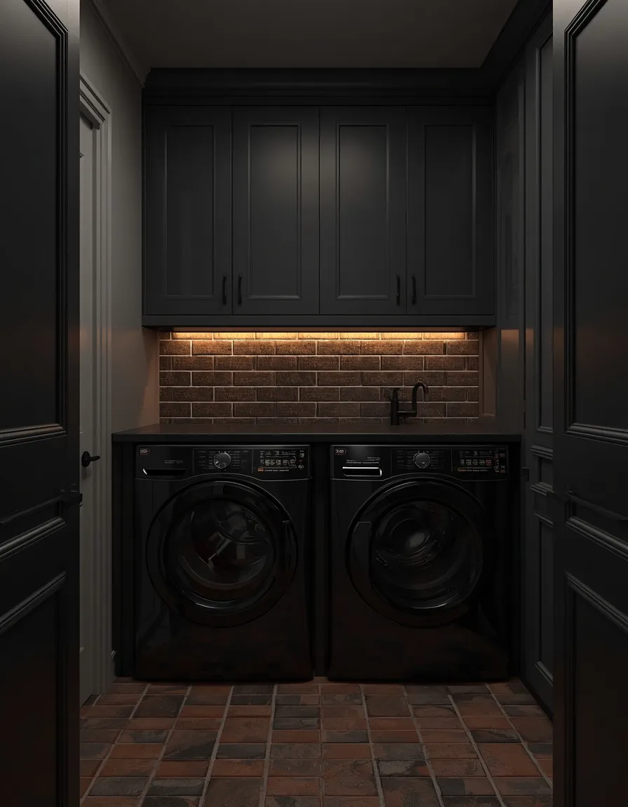 Dark moody brick floor laundry room