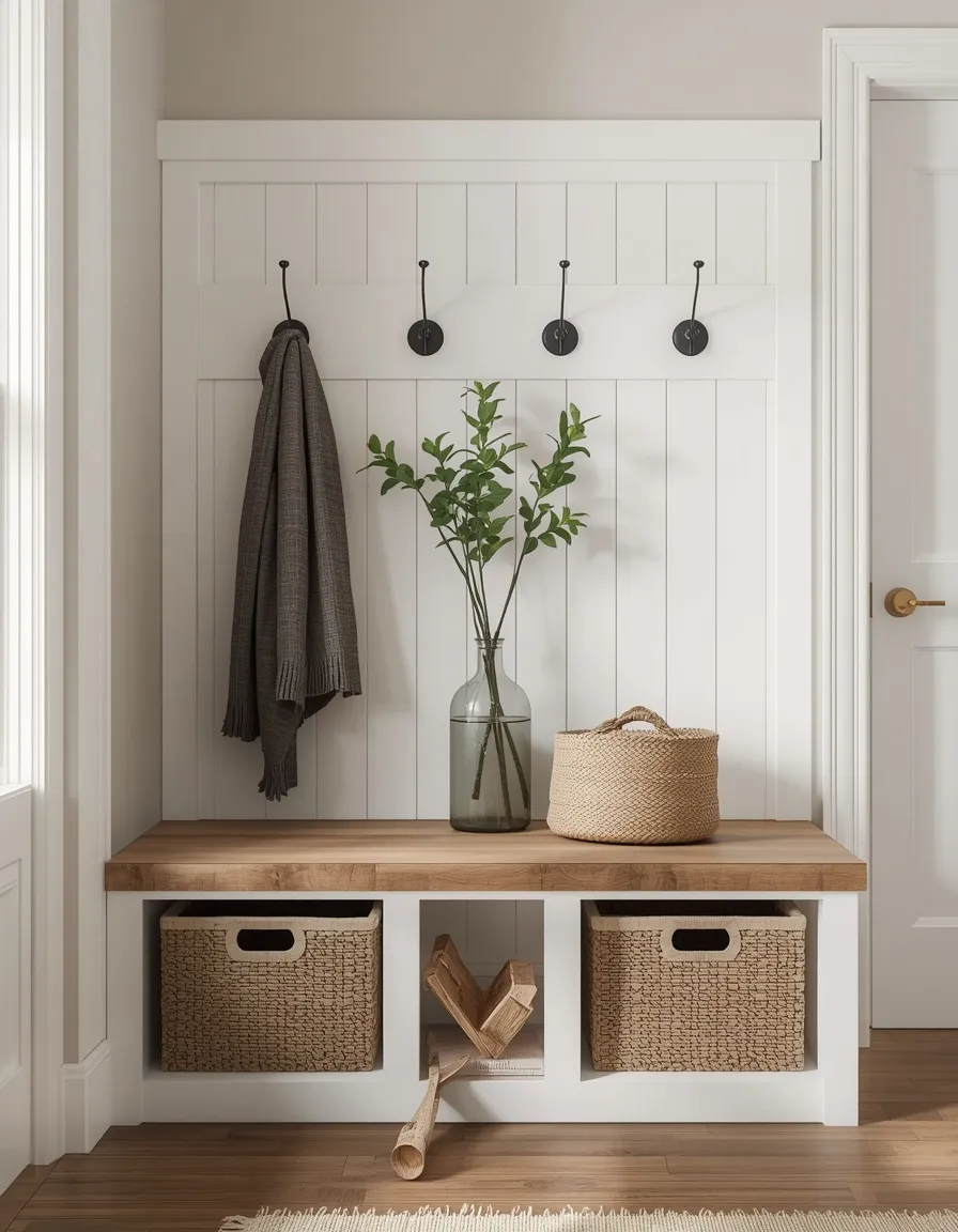 Farmhouse shiplap mudroom bench