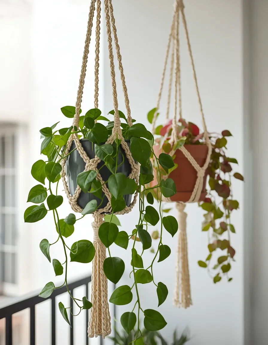Macrame hanging planters on balcony