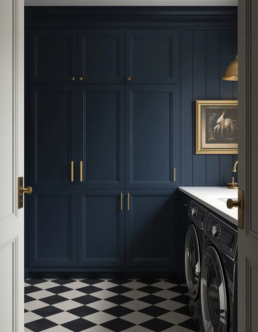 Navy and gold moody laundry room