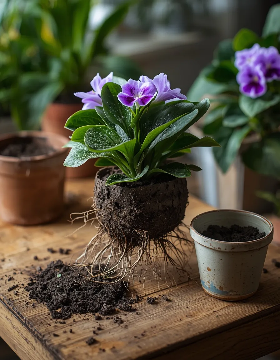 Repotting an African violet plant