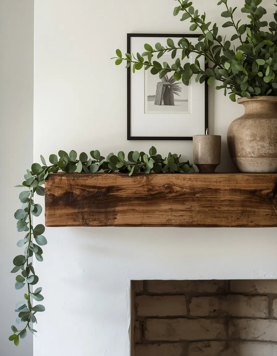 Rustic mantel with eucalyptus garland