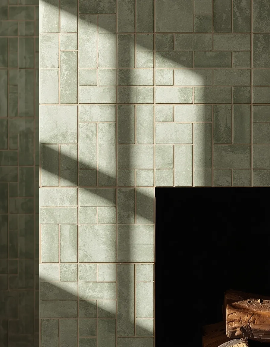 Sage green zellige tiled fireplace