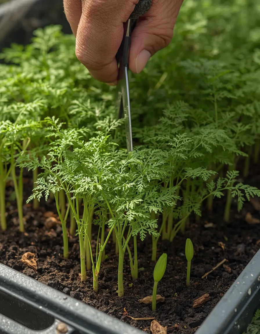Thinning crowded carrot seedlings
