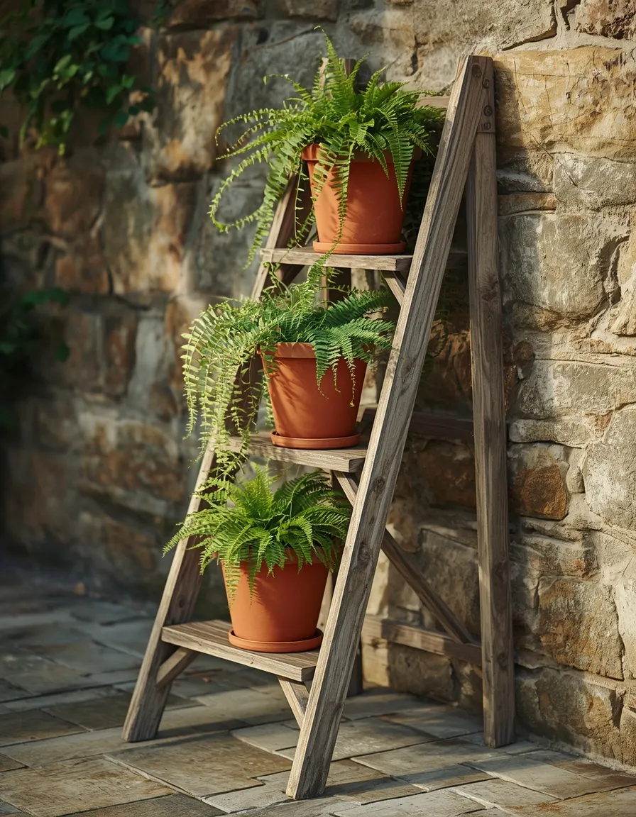 Tiered ladder plant stand with potted plants
