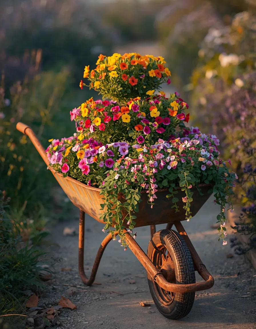 Antique wheelbarrow planter full of flowers