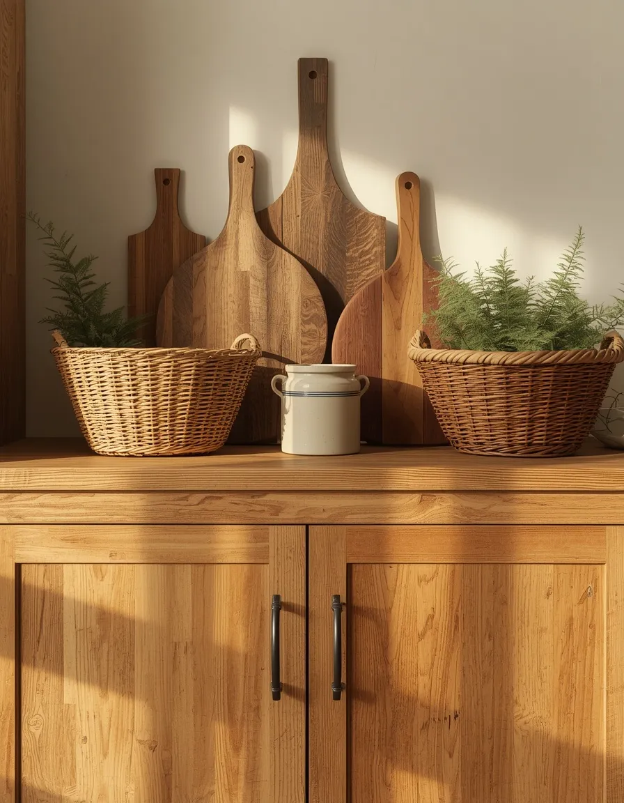 Rustic baskets and boards above cabinets