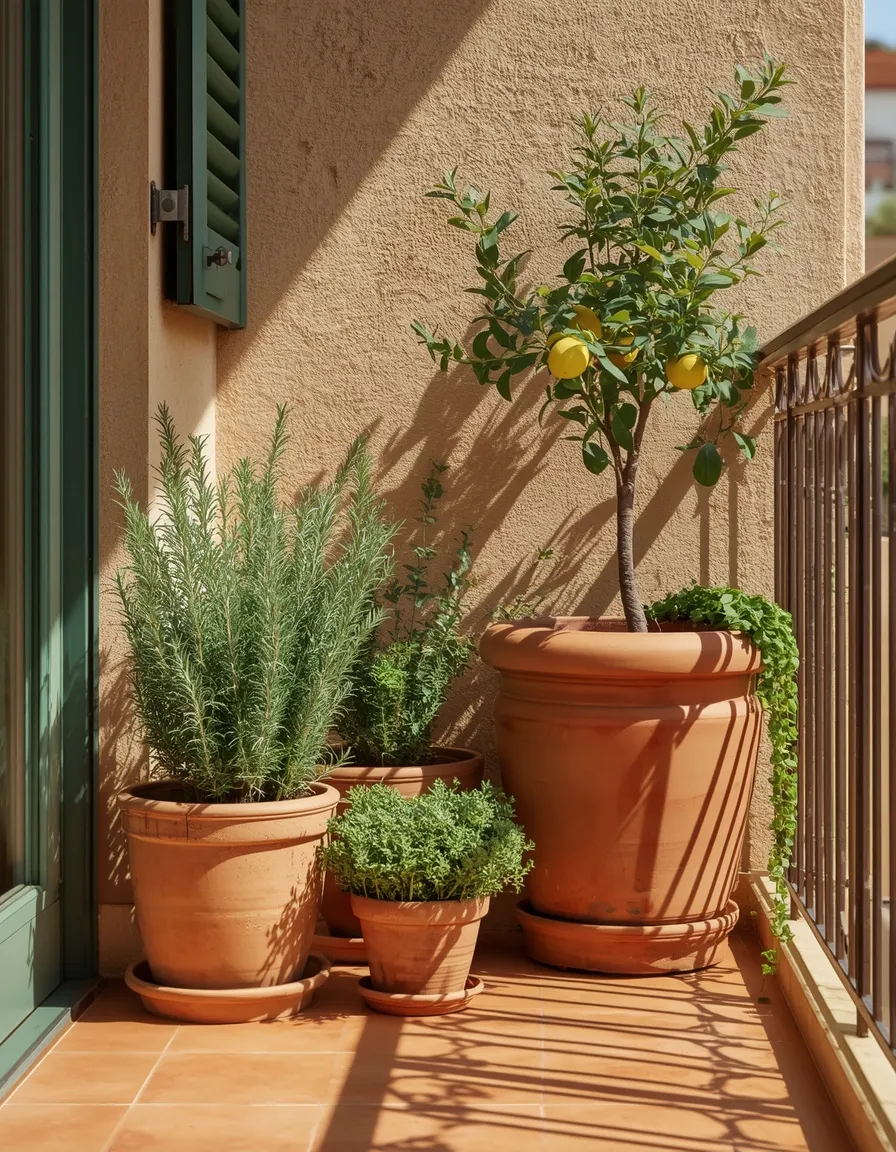 Terracotta tile balcony floor with potted herbs