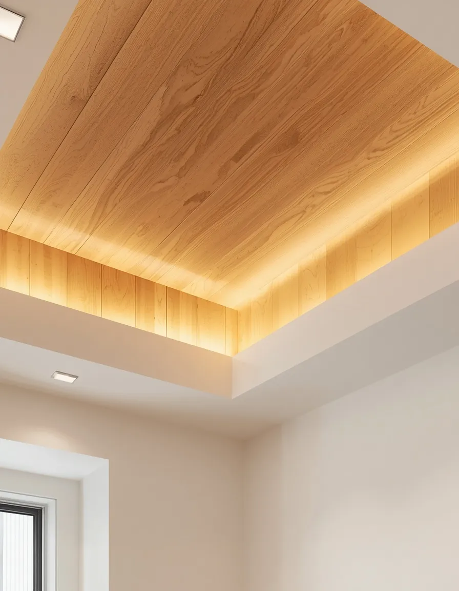 Wood-clad reverse tray ceiling panel