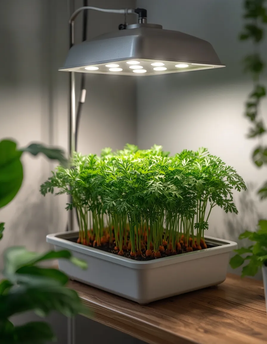 Carrot seedlings growing under LED light