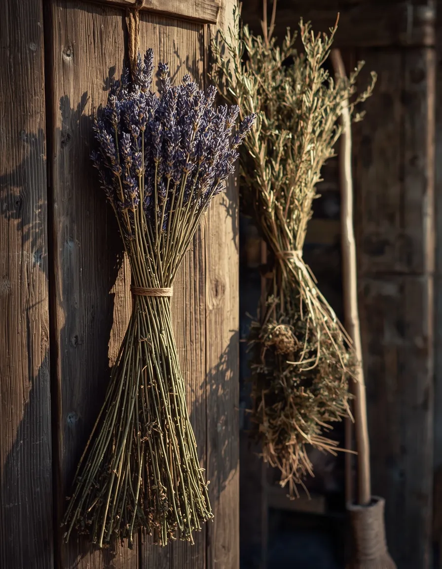 Dried herb bundles on a witchy shed door