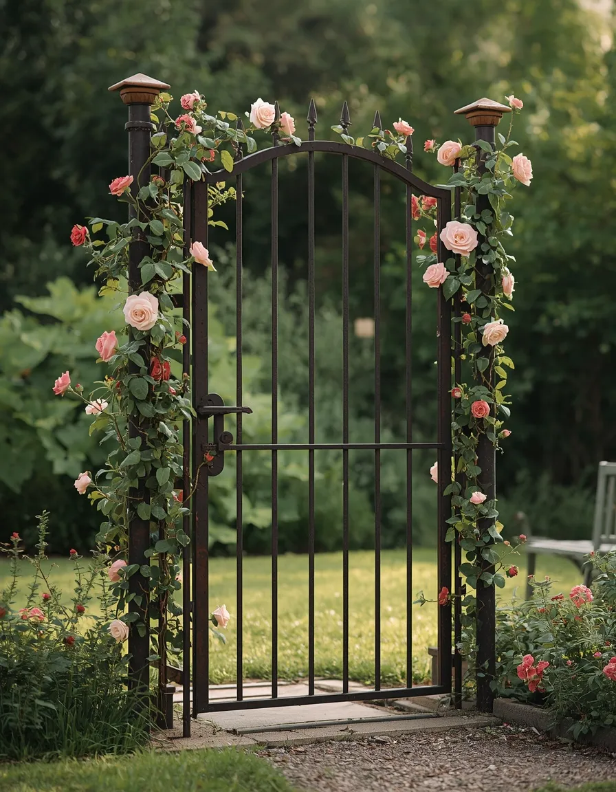 Garden gate trellis with climbing roses