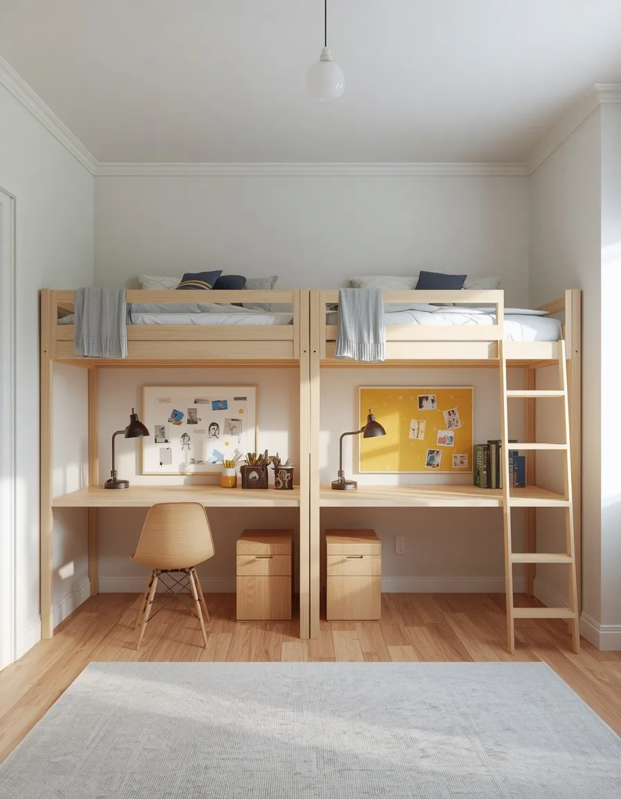 Loft beds with desks beneath
