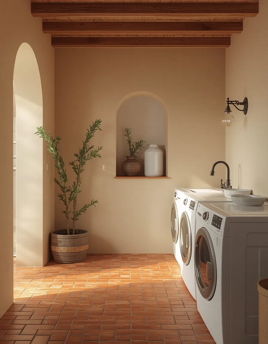 Mediterranean brick floor laundry room
