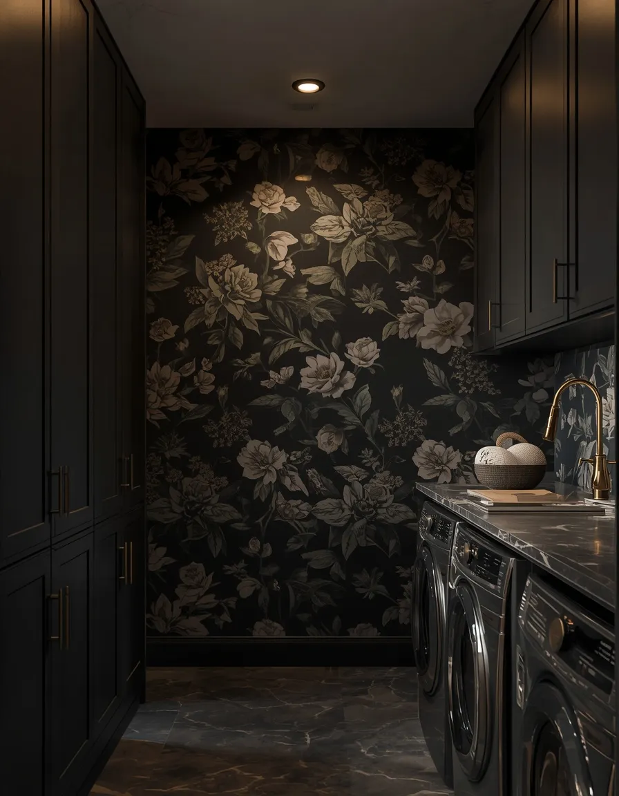 Moody dark wallpaper laundry room
