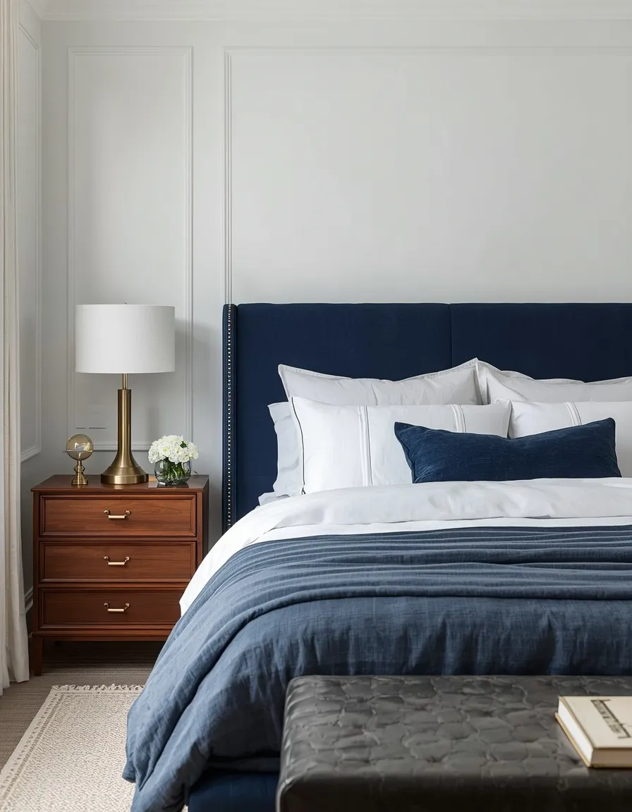Navy and white bedroom scheme