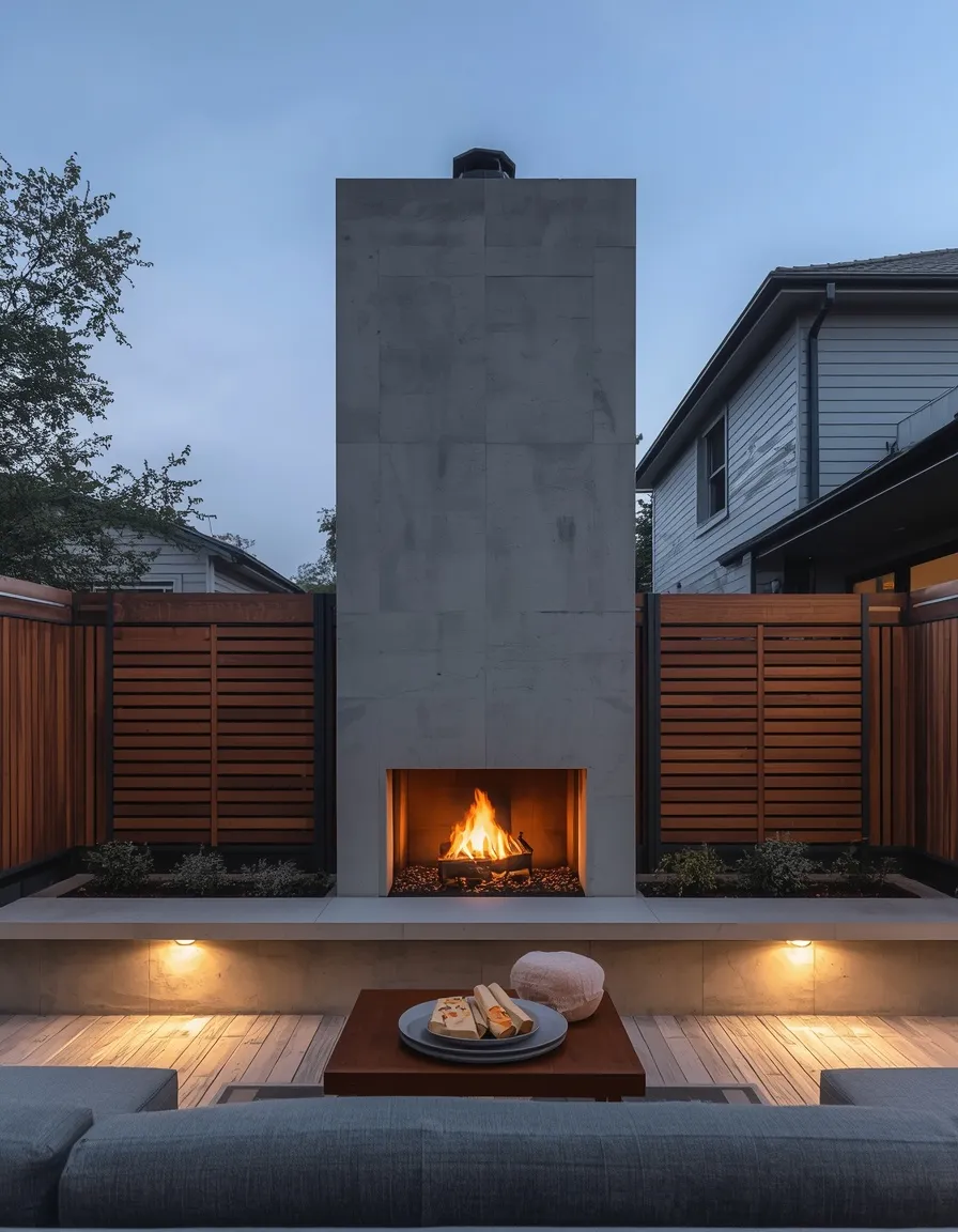Outdoor fireplace built into privacy wall
