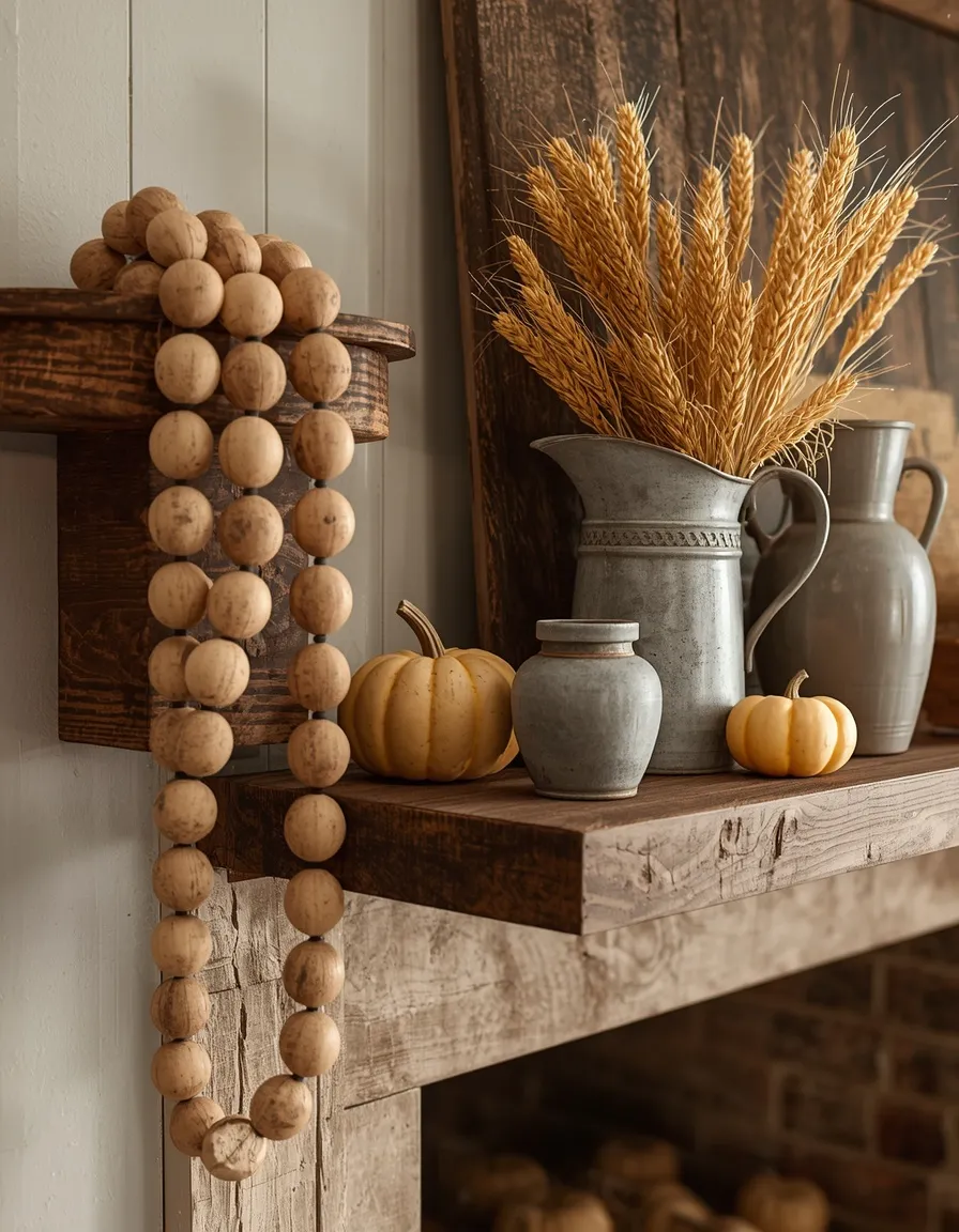 Rustic farmhouse fall mantel with wheat