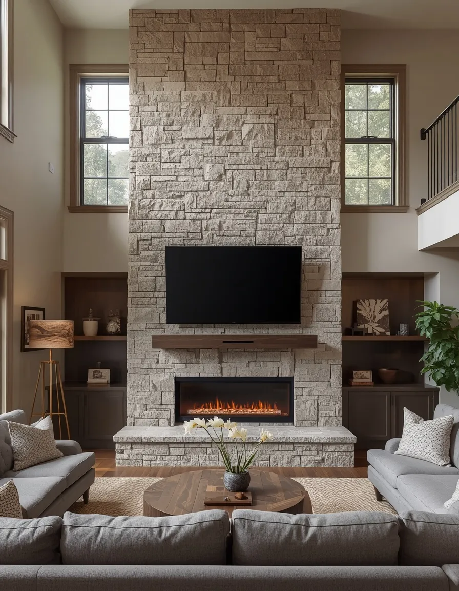 Two story fireplace with a TV