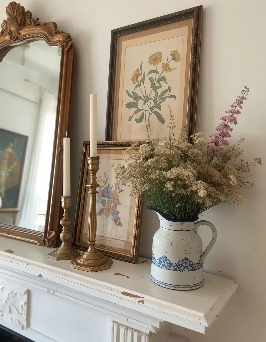 Vintage summer mantel with brass and prints