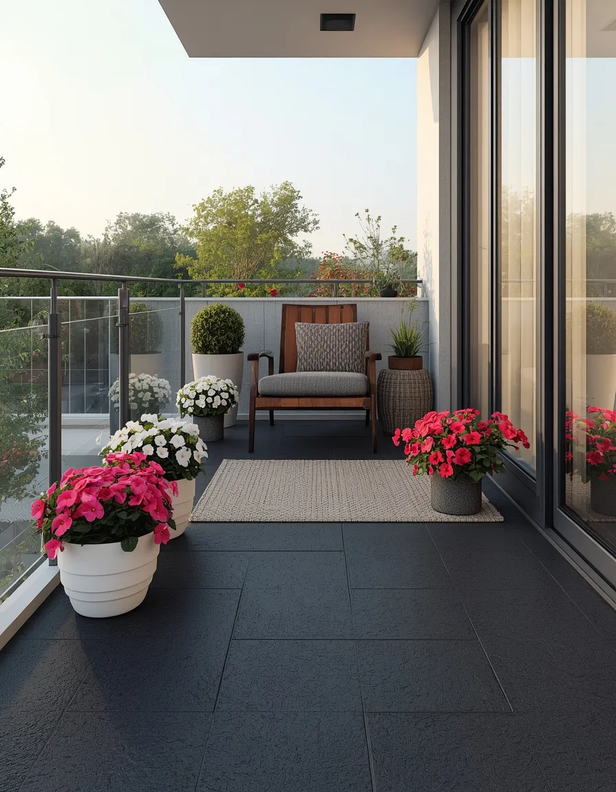 Black balcony floor with bright spring blooms