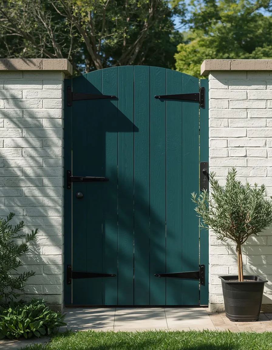 Bold painted teal garden gate idea