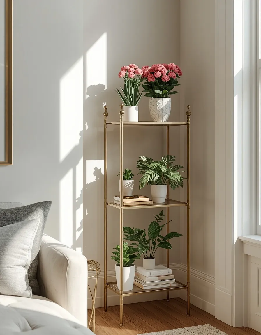Brass etagere flower rack idea for living room