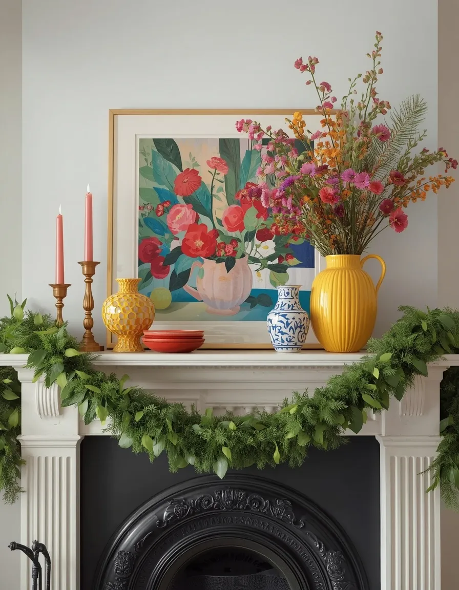 Colorful summer mantel decor