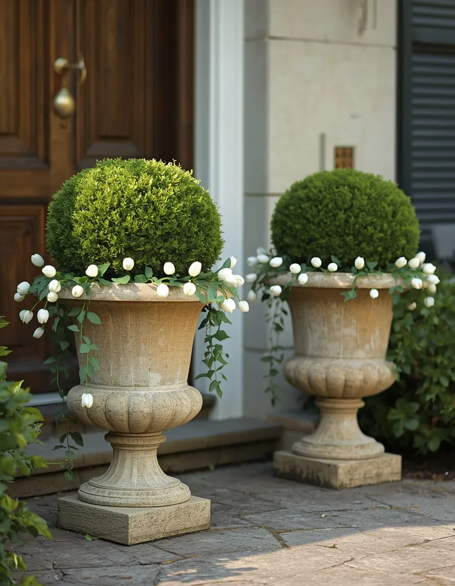 Stone urn planters flanking a front door