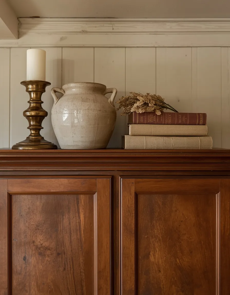 Vintage collected decor above cabinets