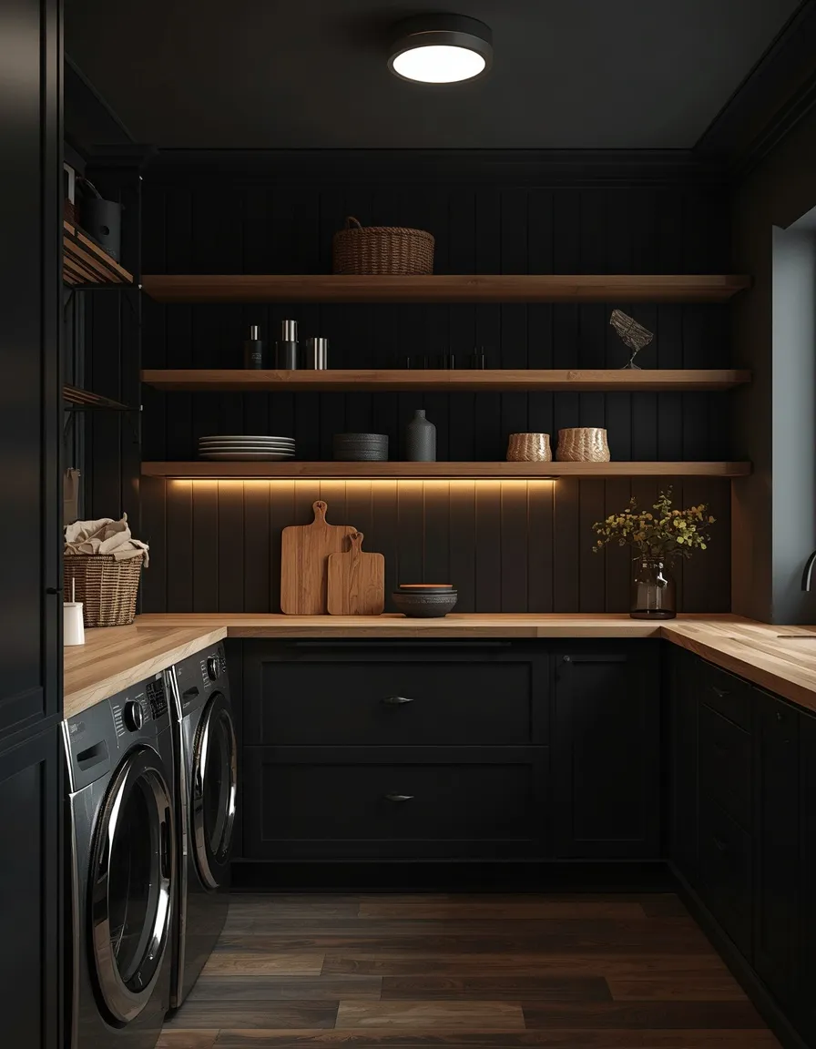 Black and wood moody laundry room