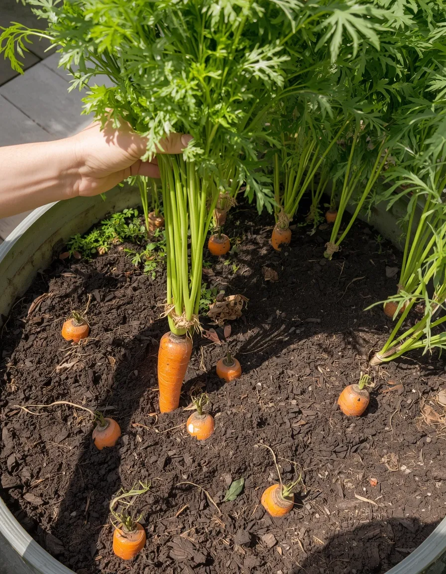Harvesting fresh carrots from a container
