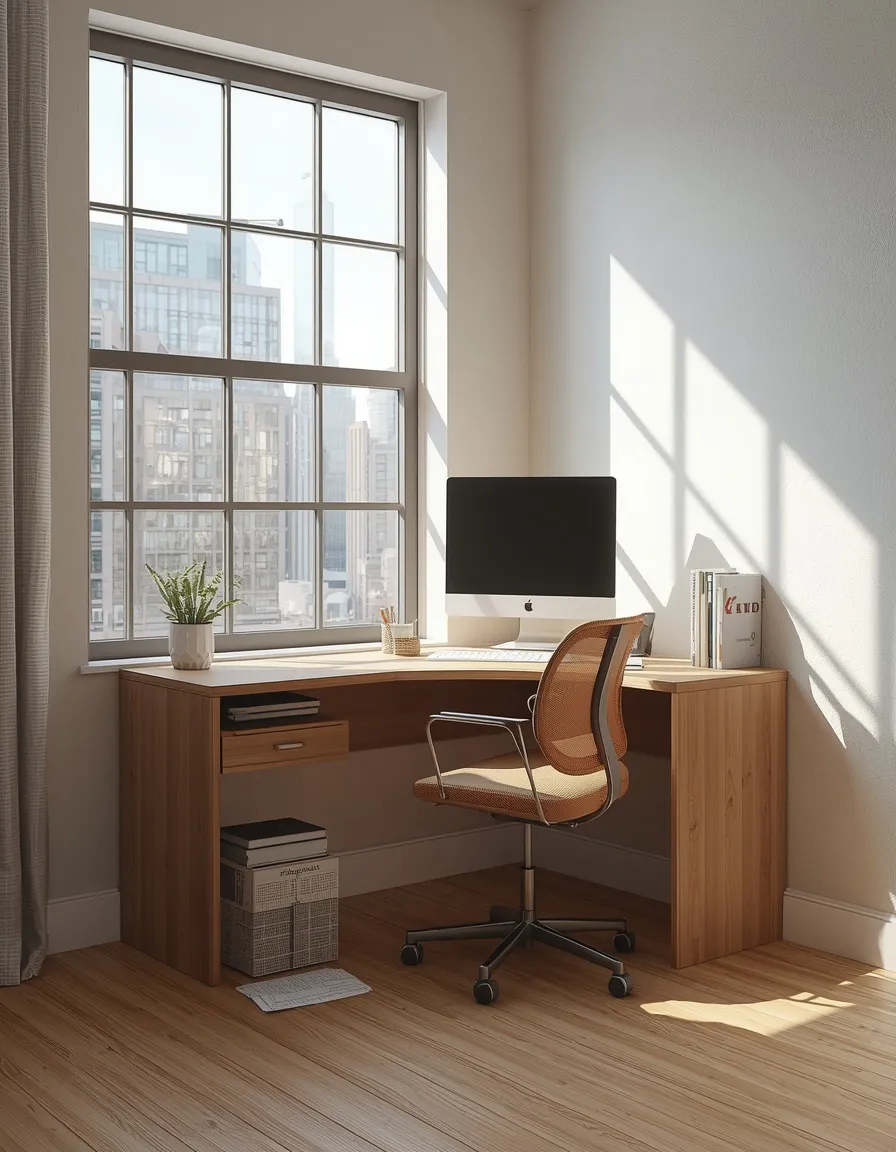 L-shaped desk in a window corner