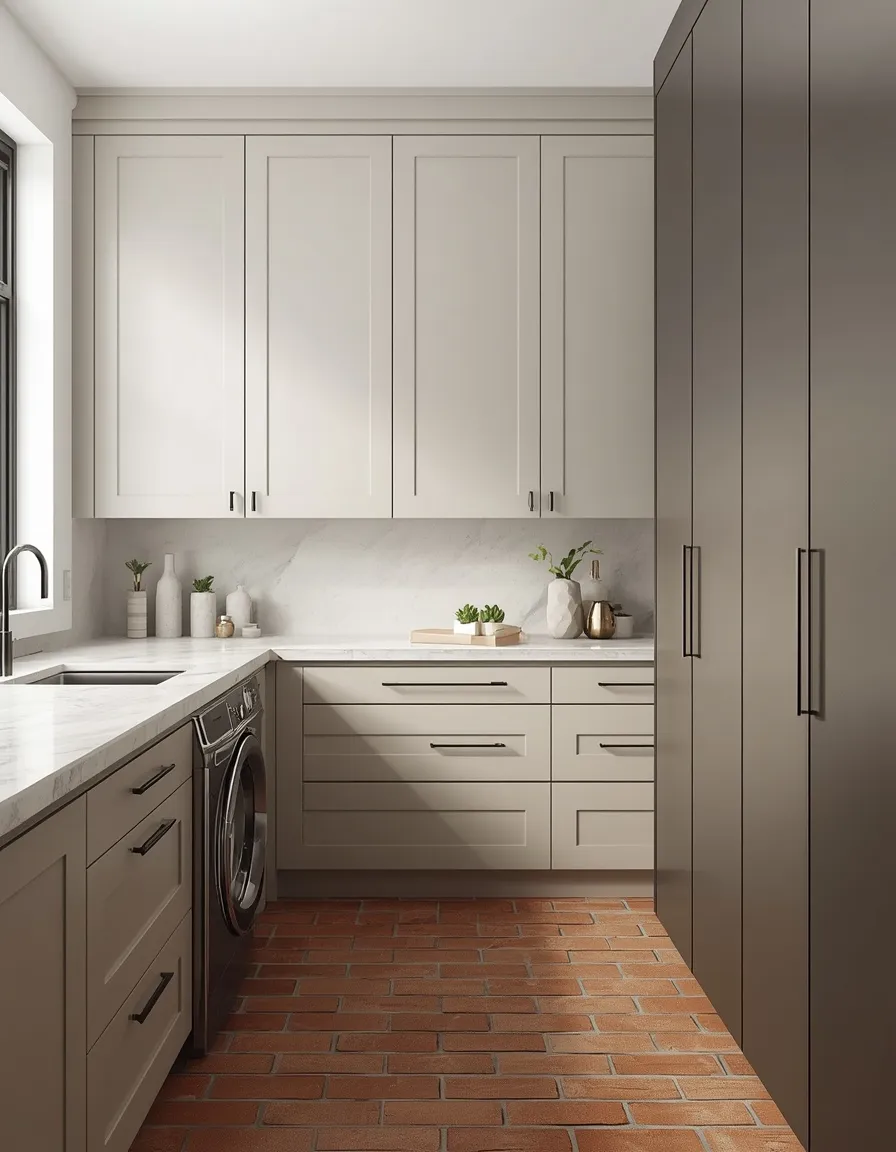 Modern laundry room with brick floor
