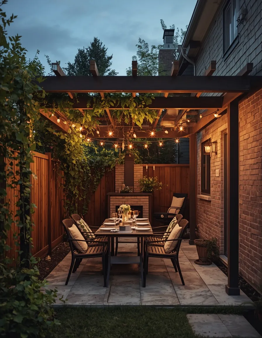 Pergola dining zone with outdoor fire