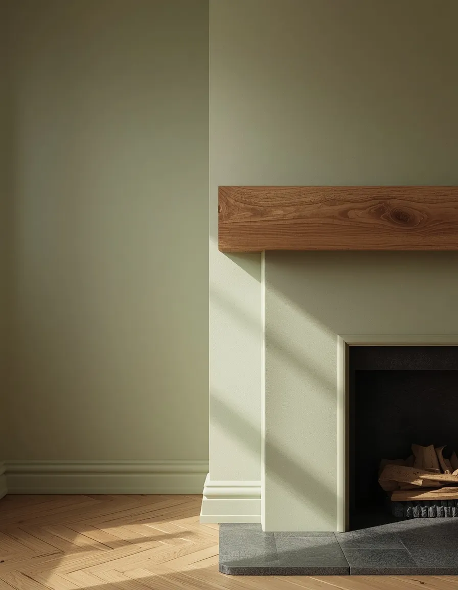 Sage fireplace with oak mantel