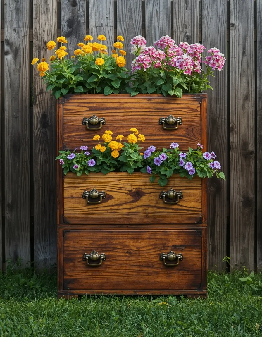 Stacked dresser drawer planters in garden