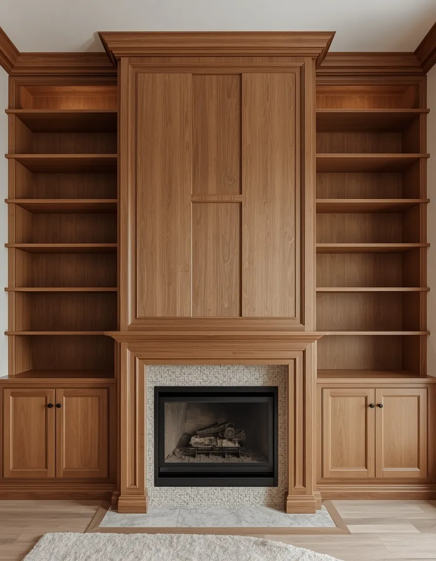 Two story fireplace with built-ins