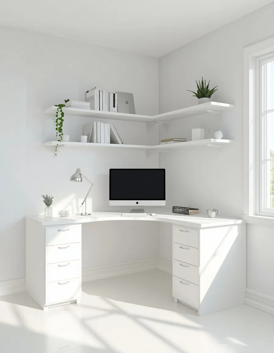 White L-shape corner home office