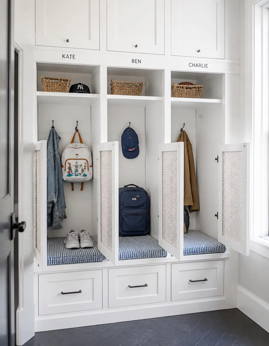 White locker style mudroom bench