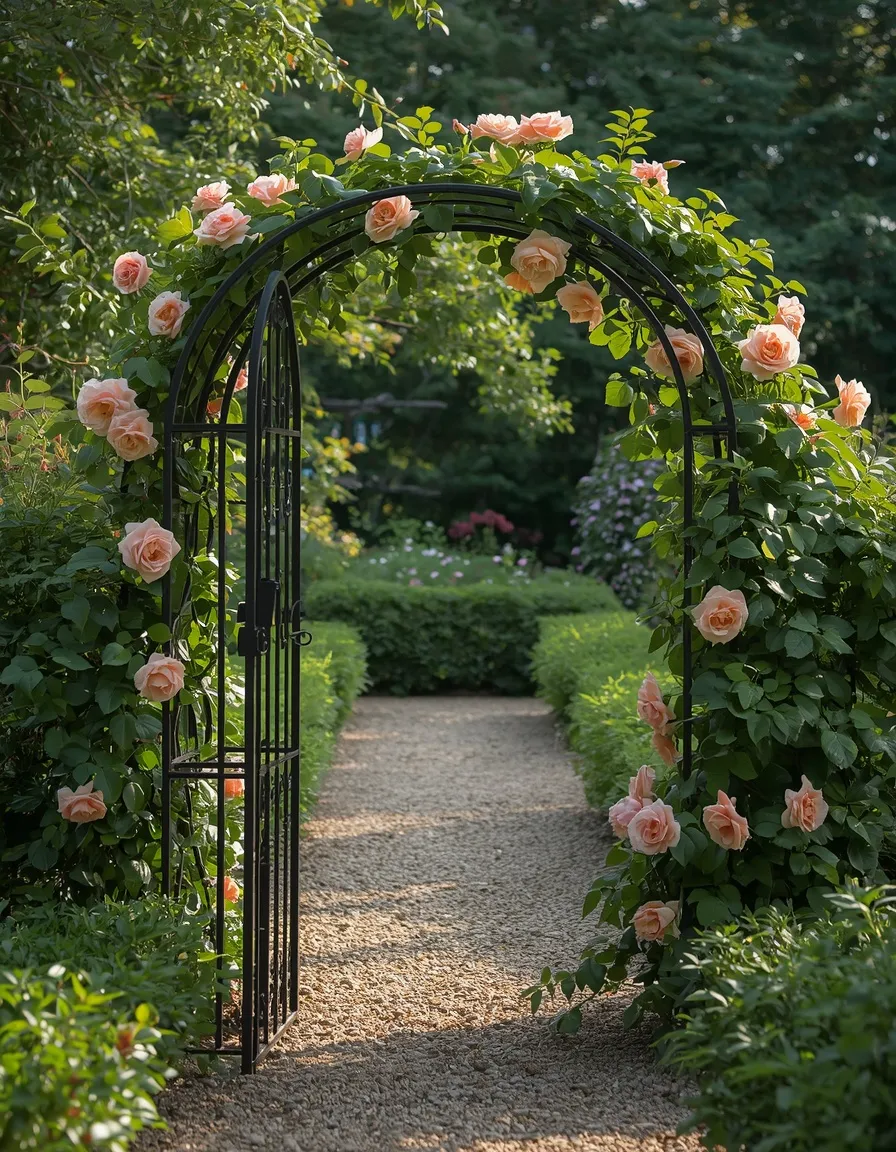 Wrought iron arbor in a witchy garden