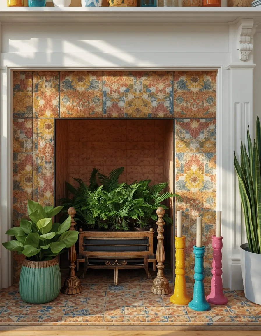 Colorful summer fireplace feature decor