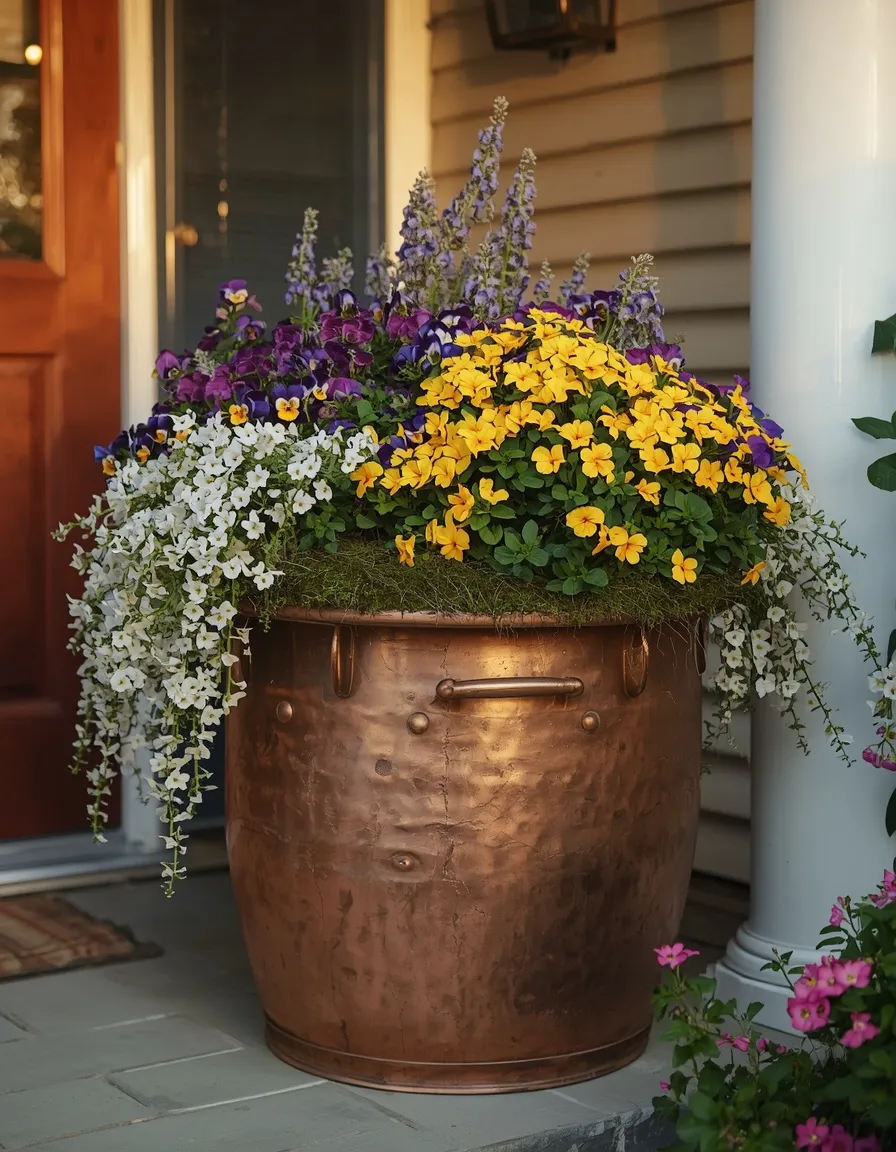 Copper boiler antique planter with pansies