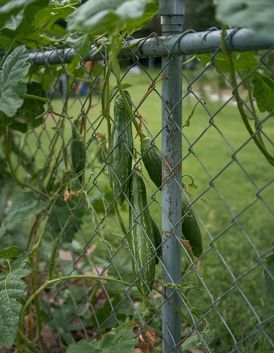 Cucumber Vines on a Garden Fence